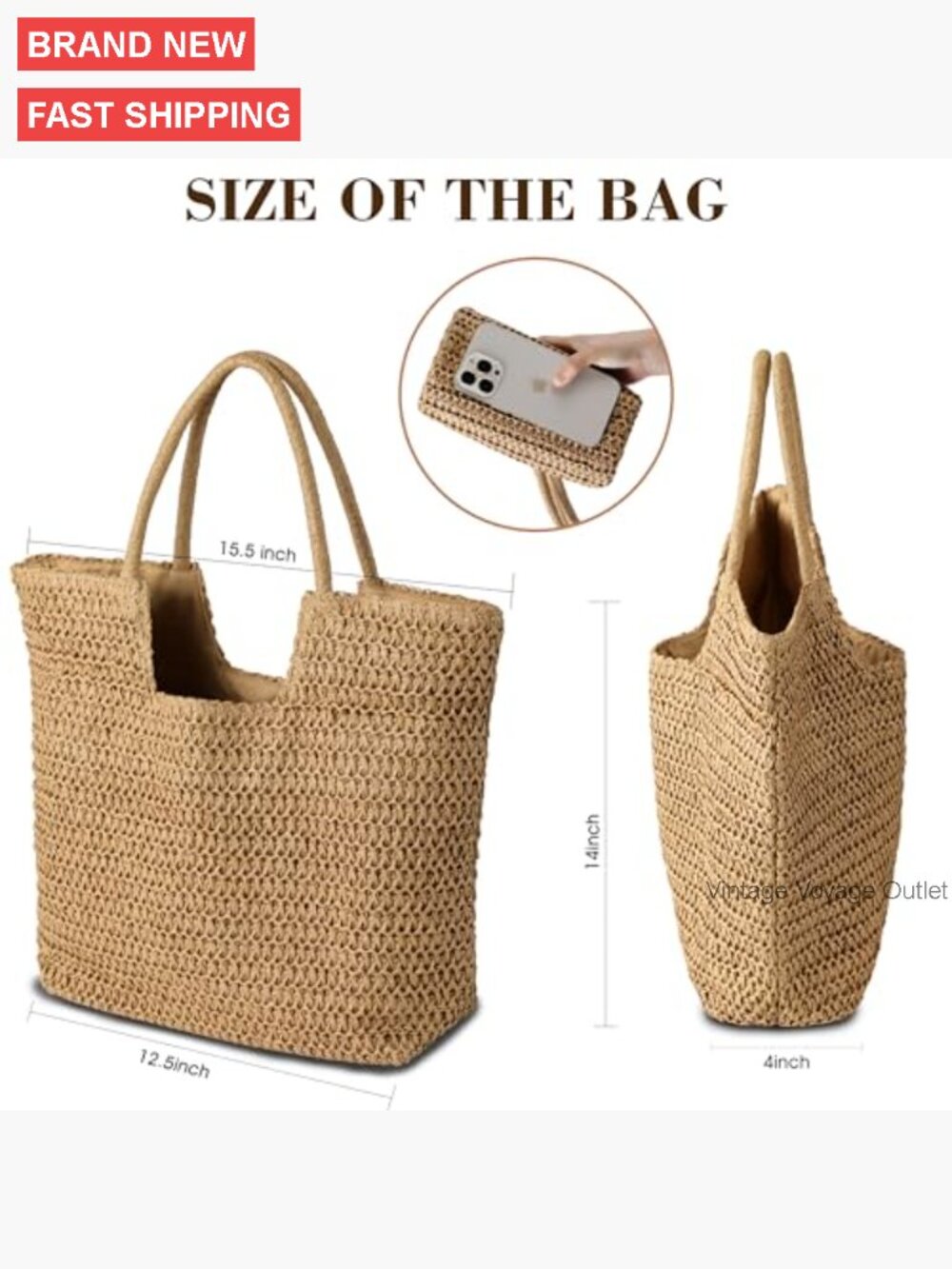 Large Straw Tote Bag for Women, Woven Beach Bag with Zipper, Lightweight - Picture 5 of 7